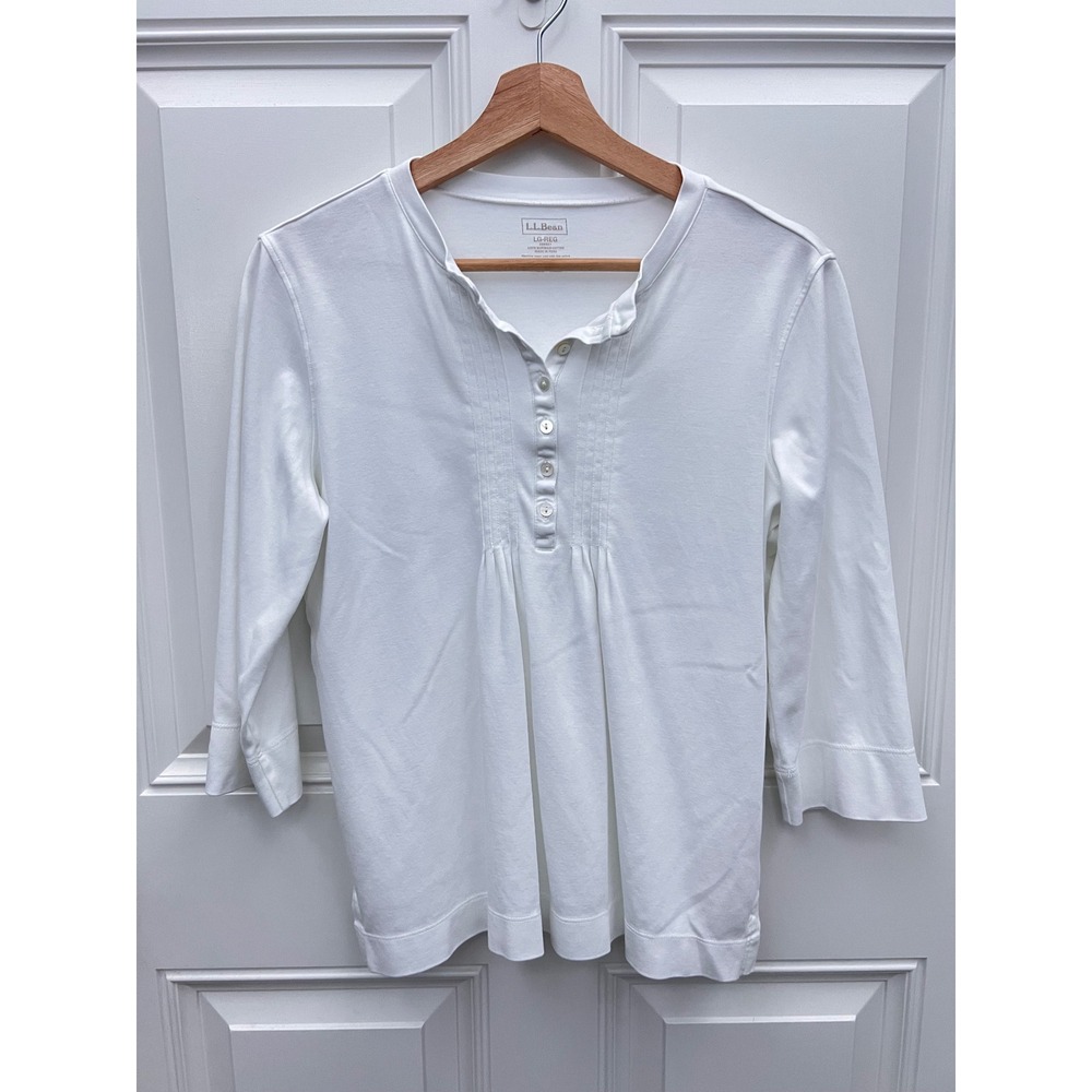LL Bean Womens White Supima Cotton Pintuck Henley Top 3/4 Sleeve Large 269927